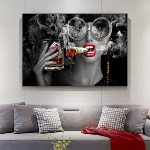 Red Lip Fashion Woman Canvas Poster Black and White Cigarette Wall Art Print Painting Wall Pictures for Living room Home Decor