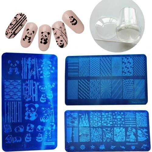 Nail Art Stamp Polish Nail Printing Set Cute Panda Dog Steel Nail Stamping PLates + Big Clear Jelly Nail Art Stamper Scraper Set
