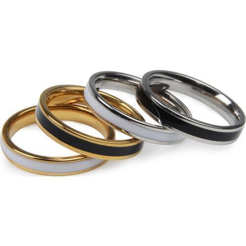 New Fashion 4MM Width Black White Enamel Ring Gold Color 316L Stainless Steel Ring Women Lovers Wedding Band For Couple