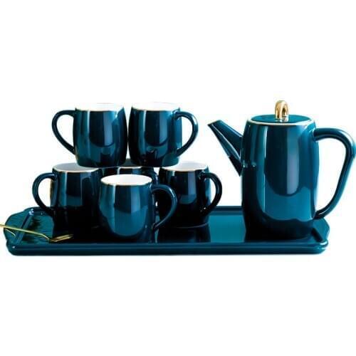 New 8 Pieces Tea Cup Set Luxury Peacock Green Ceramic Cup Suit with Tray Home Office Collection Kettle Suit Friend Parent Gifts