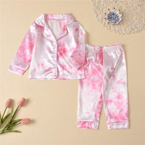 1-7 Years Kids Boy Girl Faux Silk Satin Pajama Sets Tie Dye Print Lapel Long Sleeve Sleepwear Autumn Button Shirt Top+Bottoms