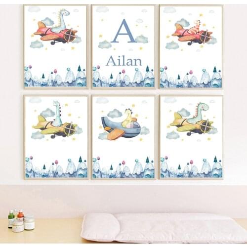 Airplane Dinosaur Mountain Custom Name Wall Art Canvas Painting Nordic Posters And Prints Wall Pictures Baby Boy Kids Room Decor