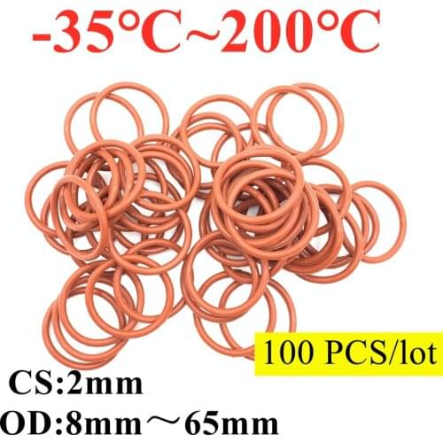100pcs VMQ O Ring Seal Gasket Thickness CS 2mm OD 8 ~ 65mm Silicone Rubber Insulated Waterproof Washer Round Shape Nontoxi Red