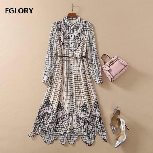 Newest Fashion Summer Dress 2021 High Quality Women Geometric Print Hollow Out Embroidery Long Sleeve Casual Long Shirt Dress