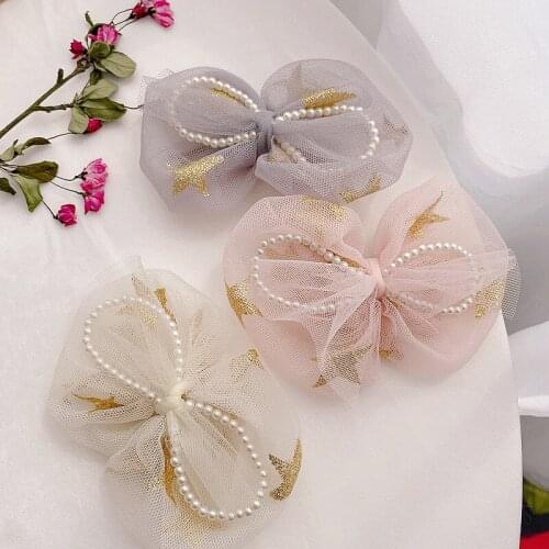 Boutique 12pcs Fashion Cute Glitter Star Tulle Bow Hairpins Pearl Beads Bowknot Hair Clips Princess Headwear Hair Accessories
