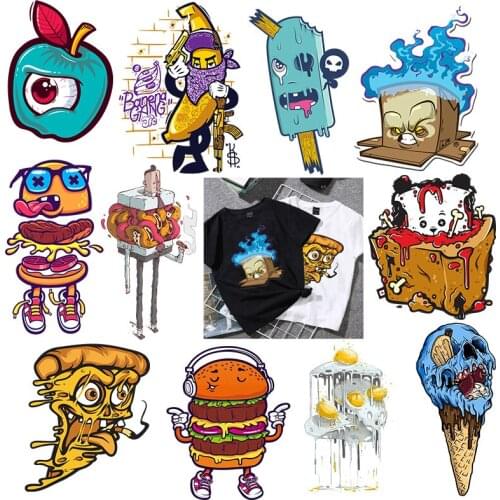 Skull Ice Cream Running Pizza Hamburger Heat Transfer Stickers For Clothes Stripes Thermal Stickers Cake T-Shirt Appliques