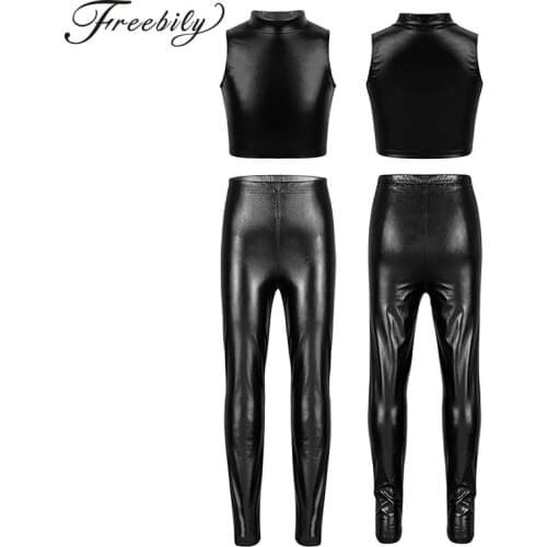 Kids Girls Jazz Dance Cosutme Skinny Metallic Cosutme Cheerleader Ballet Dance Stage Performance Tank Tops with Leggings Pants