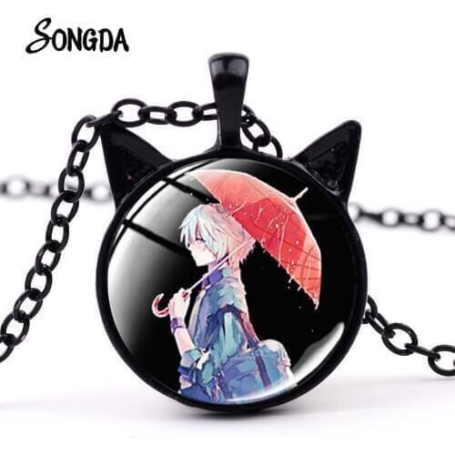 Future Diary Mirai Nikki Gasai Yuno Pendant Necklace Cartoon Glass Dome Cat Ear Cosplay Jewelry For Women Girl Party Gift
