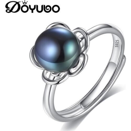 DOYUBO Brand Womens Sterling Silver Freshwater Pearl Rings Jewelry Grey/ Black Pearl Flower Shape Rings Engagement Rings VB304