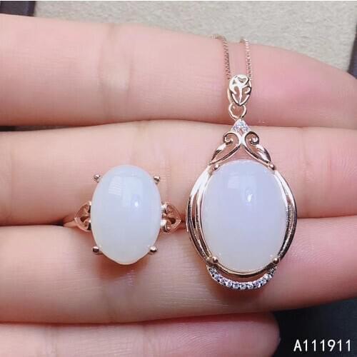 KJJEAXCMY fine jewelry 925 sterling silver inlaid Natural White jade pendant ring luxurious ladies suit support detection trendy