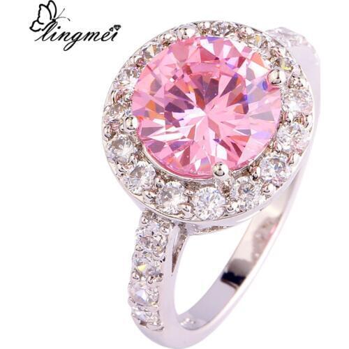 Lingmei Fashion Round PinkWhite CZSilver ColorRing Size 6-10 Women Bridal Wedding Engagement Free Shipping Wholesale