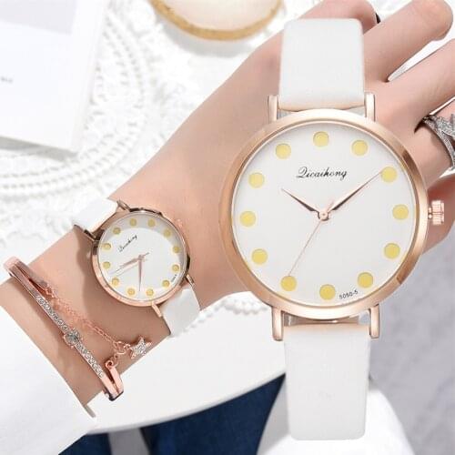 Ladies Dress Watch Set 2 Pcs Wave-Point Quartz Women Wristwatches Simple Leather Clock Luxury Bracelet For Woman montre femme