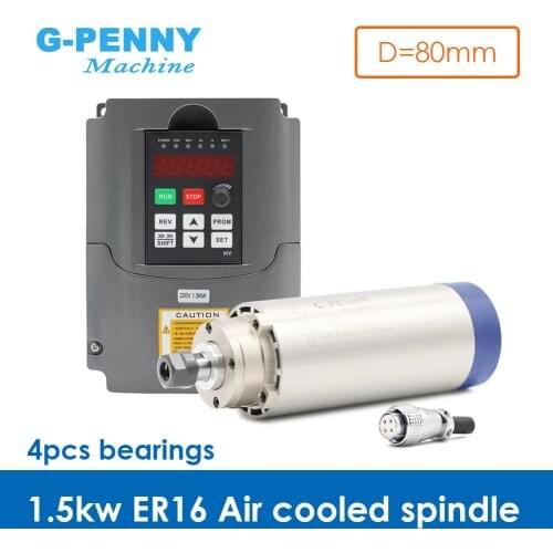 New Arrival! 1.5kw ER16 air cooled spindle motor kit milling spindle air cooling 4 pcs bearings 0.01mm accuracy & 1.5k Inverter