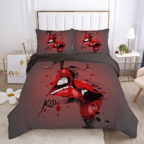 Fanaijia Bedding Sets california King Size Luxury Sexy Red Lips Print Duvet Cover and Pillowcase Kiss Bed Set Bedlinen