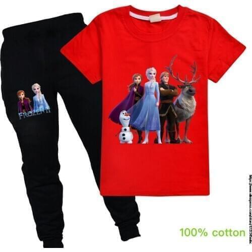 Summer Girls Clothes Sets Round neck printed T-shirt long pants sports suits Fashion Baby Girls Frozen Elsa Clothes Sets