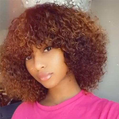 Honey Blonde Ombre Color Short Curly Bob Wigs Full Machine Made None Lace Wigs with Bangs Jerry Curly Human Hair Wigs for Women