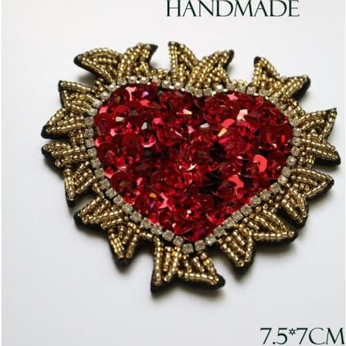 Fashion Red heart Handmade rhinestone beaded patches for clothing DIY 3d embroidery patch appliques decorative sequins Parches