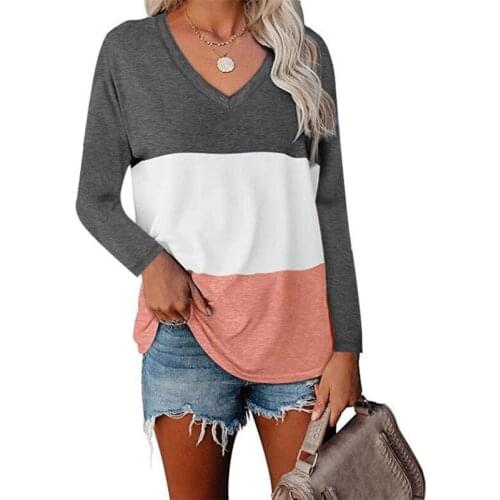 Fashion Women Patchwork Long Sleeve V-neck Casual Loose Striped Pullover Tops