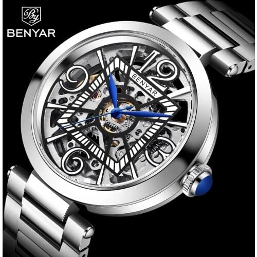 2021 Benyar Top New Casual Fashion Mens Mechanical Watch Waterproof Hollow Design Stainless Steel Automatic Watch Watch For Men