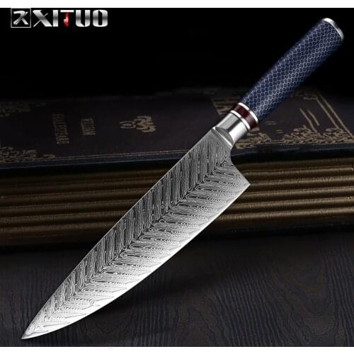 XITUO Kichen Knife Damascus VG10 Steel 8" Cleaver Knife Sharp Paring Vegetable Blue Resin Honeycomb Handle Household Chef Knives