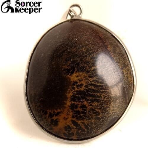 Collares Necklace & Pendants Natural Stone Brown Chinese Painting Stone With Leather Chain Fashion Bijoux Men IS202