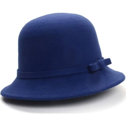 Fedora Bucket Hat Vogue Ladies Wool Felt Bowler Cloche Hat Women Trilby Girls Vintage Derby Bowknot Hat For Woman