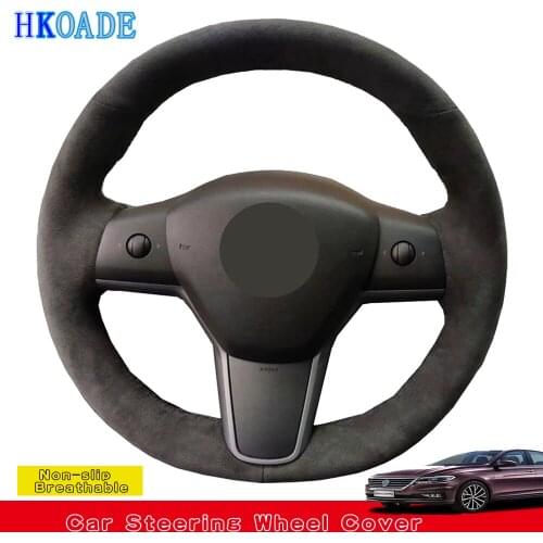 DIY Hand-stitched Black Comfortable Soft Suede Leather Car Accessories Steering Wheel Cover For Tesla Model 3 2017-2019