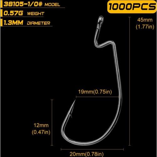 PROBEROS 1000pcs Single Fishing Hooks 1/0#-5/0# 38105 Worm Hooks High Carbon Steel Black Color Crank Fishhook Barbed Carp