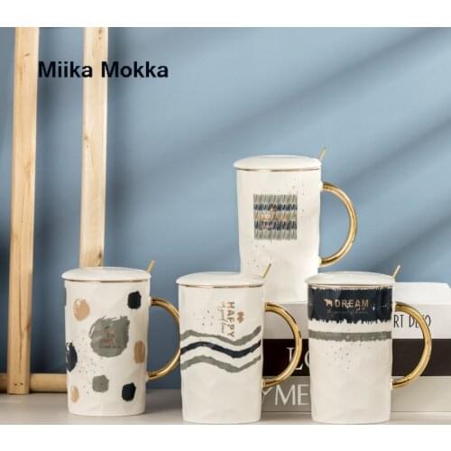 Nordic Style Simple Coffee Mug with Lid and Spoon White Ceramic Mug Milk Cup Gold Handle Water Cup Home Office Drinkware Gift