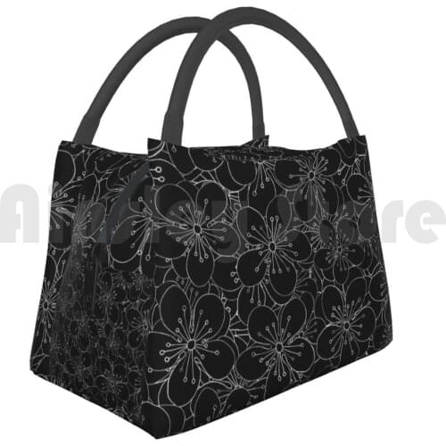 Cooler Lunch Bag Picnic Bag Cherry Blossom White On Black Cherry Blossom Flower Black White