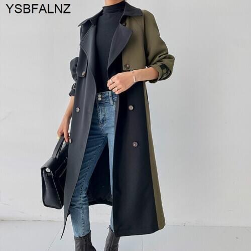 Windbreaker Coats Womens With Korean Clothes Lined Hit Color Army Green Thick Long Sleeve Lapel High Street 2021 Autumn Fashion