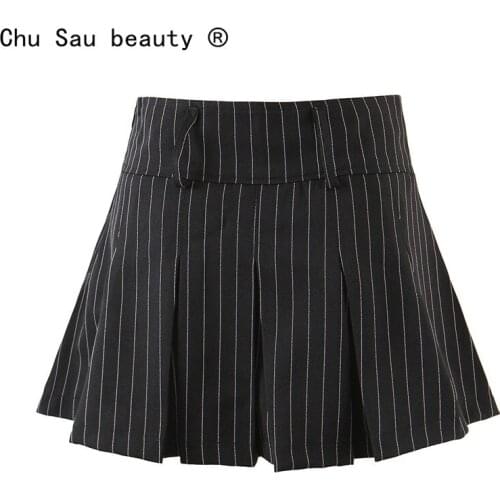 Vintage college style sexy high waist striped pleated skirt slim fit short mini skirt summer