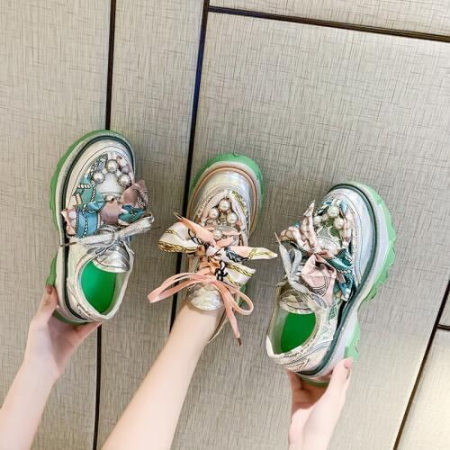 Women Personalized Green Colorful Platform Sneakers Lace Mesh Lace-up Sports Shoes Fashion Clunky Sneaker