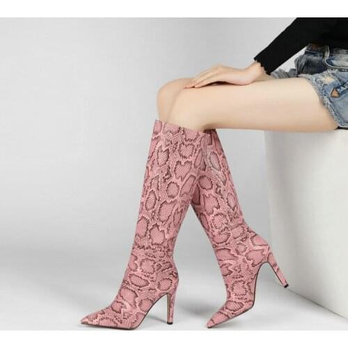 QZYERAI 2021 Women Knee High Boots Print 10cm High Heels Ladies Shoes Woman Party Dancing Pumps Basic Microfiber Leather Boots