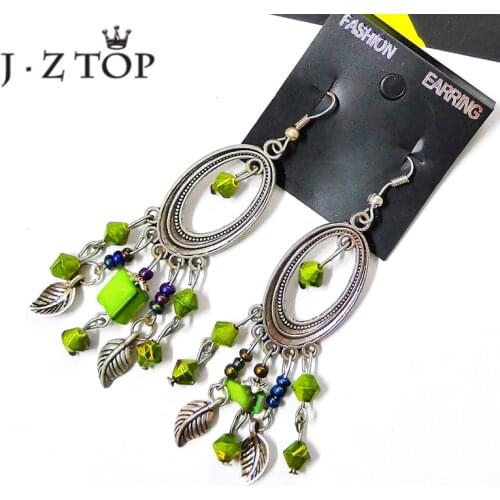 JZTOP Vintage Colorful Stone Beads Tassel Dangle Earrings Bohemian Silver Color Hollow Long Drop Earring For Women Charm Jewelry