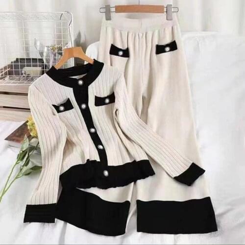 New Autumn Elegant Knitted Two Piece Set Women Patchwork O-Neck Single Breasted Cardigan Tops + Wide Leg Pants Suits Female