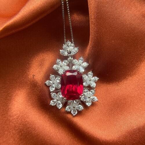 Luxury 100% 925 Sterling Silver Created 12*16mm Ruby Colorful Pendant Necklace For Women High Carbon Diamond Party Fine Jewelry