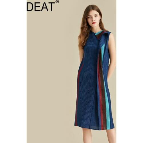 DEAT Pleated Dress Women Striped Hit Color Knee Length Straight Slim Sleeveless Round Collar Casual 2021 New Summer Tide HC042
