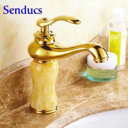 Senducs Gold Jade Bathroom Basin Faucet Fashion European Jade Stone Bathroom Mixer Tap Quality Brass Yellow Jade Basin Faucet