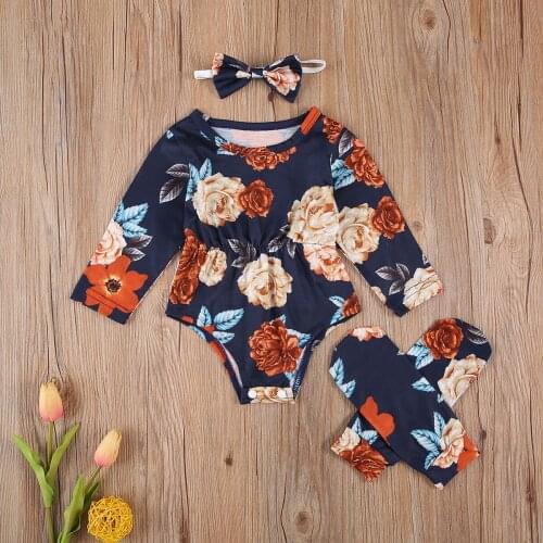 3Pcs Toddler Baby Girls Clothes Newborn Girls Long Sleeve Flower Print Romper +Leg Warmer +Bow Headband Outfits Infant Clothing