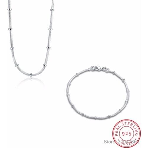 925 Sterling Silver cute fine gifts for women lady wedding chain bead necklace bracelets fine jewelry Set