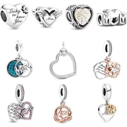 Free Shipping 2021New Mothers Day 925 Sterling Silver MOM Angel Wings Heart Beads Charm Fit Bracelet For Women DIY Jewelry