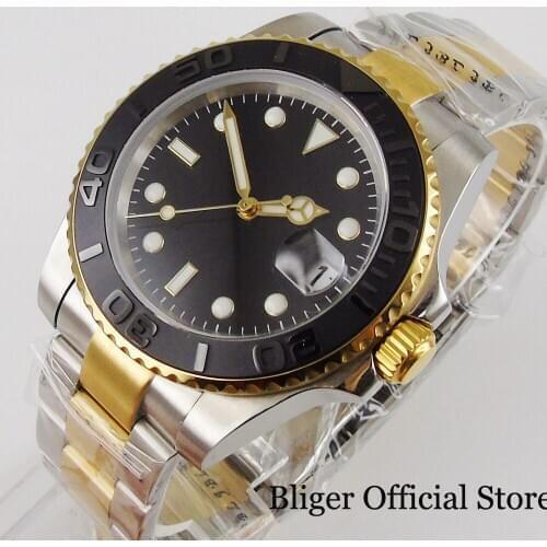 BLIGER Gold Coated Men Watch Sapphire Crystal 24 Jewels Japan NH35 MIYOTA 8215 Sterile Black Dial Ceramic Insert Magnifier Date