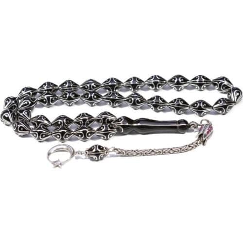 Silver Natural Jet Stone Prayer Bead With Silver Tassel Men Starlings Eye Rosary Islamic Tasbih With Crescent Star Tassel