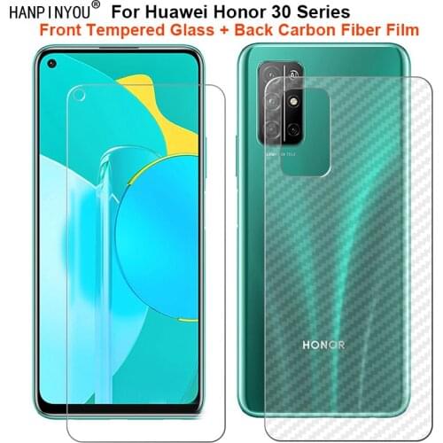 For Huawei Honor 30 30S Youth Lite 1 Set = Soft Back Carbon Fiber Film + Premium Tempered Glass Front Screen Protector