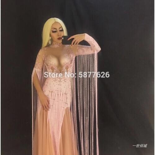 Pink evening dress sparkly long dresses sexy girl women Nightclub Party Singer Performance Stage Wear