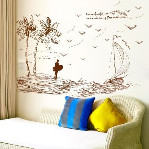Sketch Beach Sailboat Vinyl Wall Stickers for Living room Bedroom Decor DIY Removable Coconut Tree Wall Decals Art Murals dc18