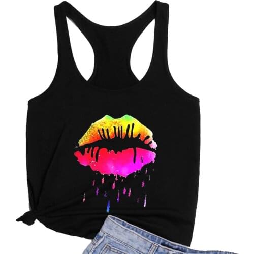 Funny Colorful Lips printed Loose Racerback Vest girl personalized Tank top Women Running Gym Tanks 90s aesthetic Tee