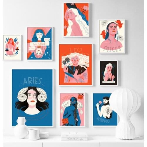 Fashion Girl Constellation Art Posters Abstract Cartoon Girl Flower Canvas Painting Nordic Wall Picture Home Decoration Bedroom