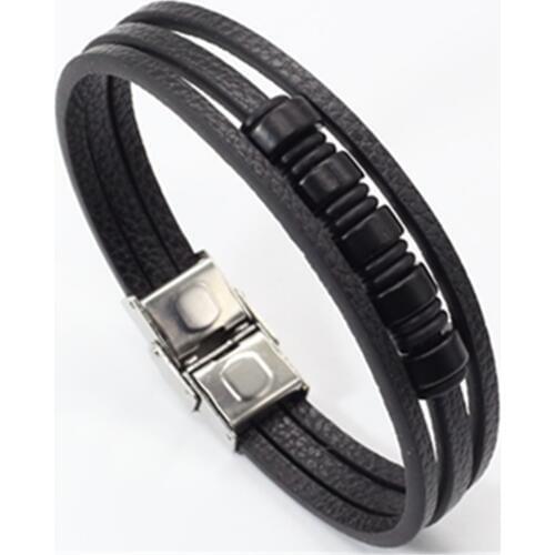 Stainless Steel Clasp Black Wristband Retro Handmade Vintage Leather Men Leather Bracelets Cuff Bangle male Party Jewelry Gift